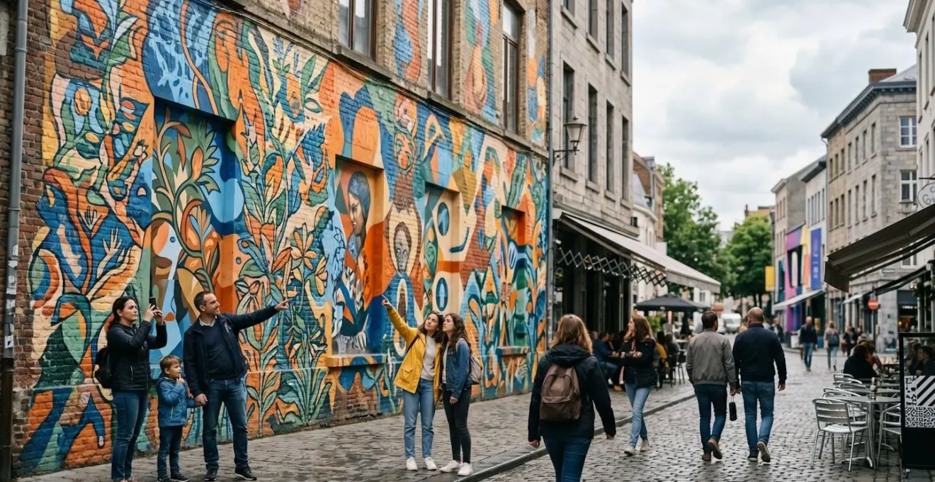 Visiteurs admirant une fresque murale monumentale colorée dans un quartier urbain animé