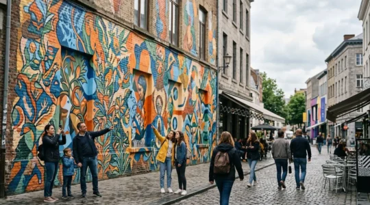 Visiteurs admirant une fresque murale monumentale colorée dans un quartier urbain animé