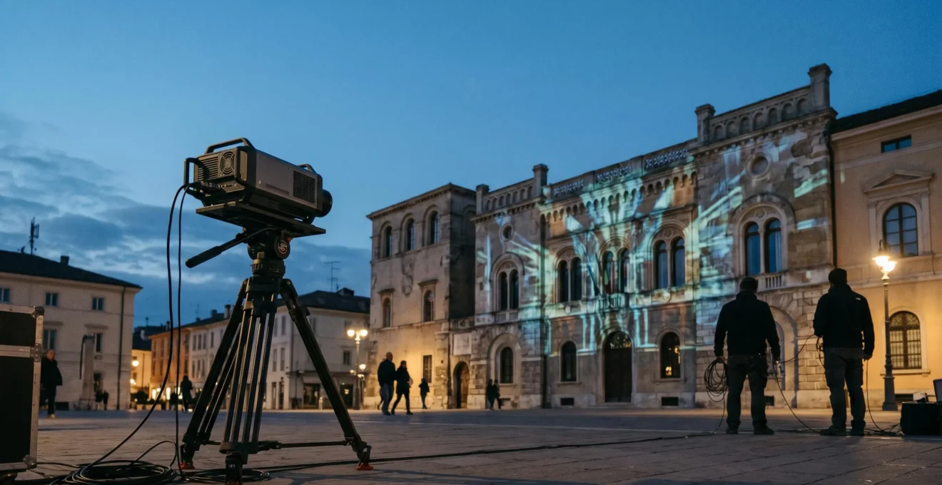 Projecteur de mapping vidéo installé face à une façade architecturale complexe avec reliefs et fenêtres irrégulières