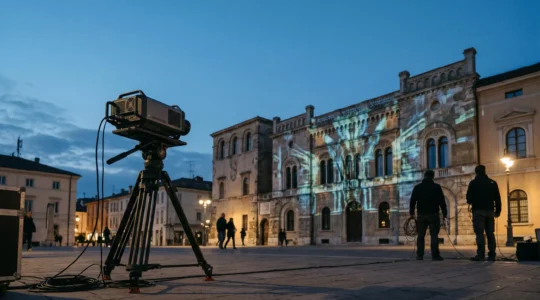 Projecteur de mapping vidéo installé face à une façade architecturale complexe avec reliefs et fenêtres irrégulières