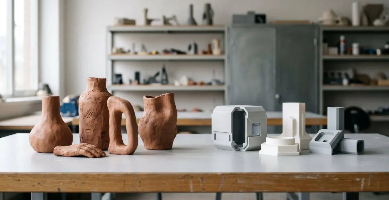 Atelier de design industriel montrant des prototypes en argile et objets imprimés en 3D sur une table de travail
