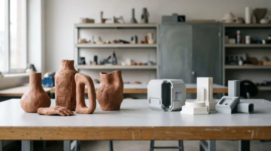 Atelier de design industriel montrant des prototypes en argile et objets imprimés en 3D sur une table de travail