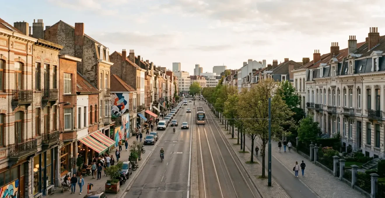 Vue urbaine contrastant un quartier créatif dynamique avec une zone résidentielle calme pour décision d'investissement immobilier