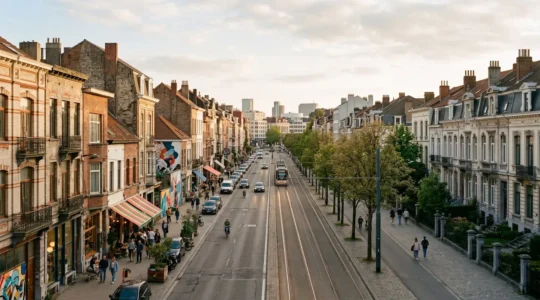 Vue urbaine contrastant un quartier créatif dynamique avec une zone résidentielle calme pour décision d'investissement immobilier