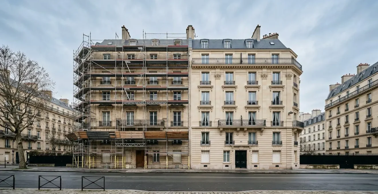 Chantier de ravalement de façade d'immeuble avec échafaudage et coordination budgétaire