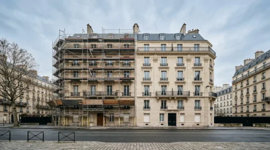 Chantier de ravalement de façade d'immeuble avec échafaudage et coordination budgétaire