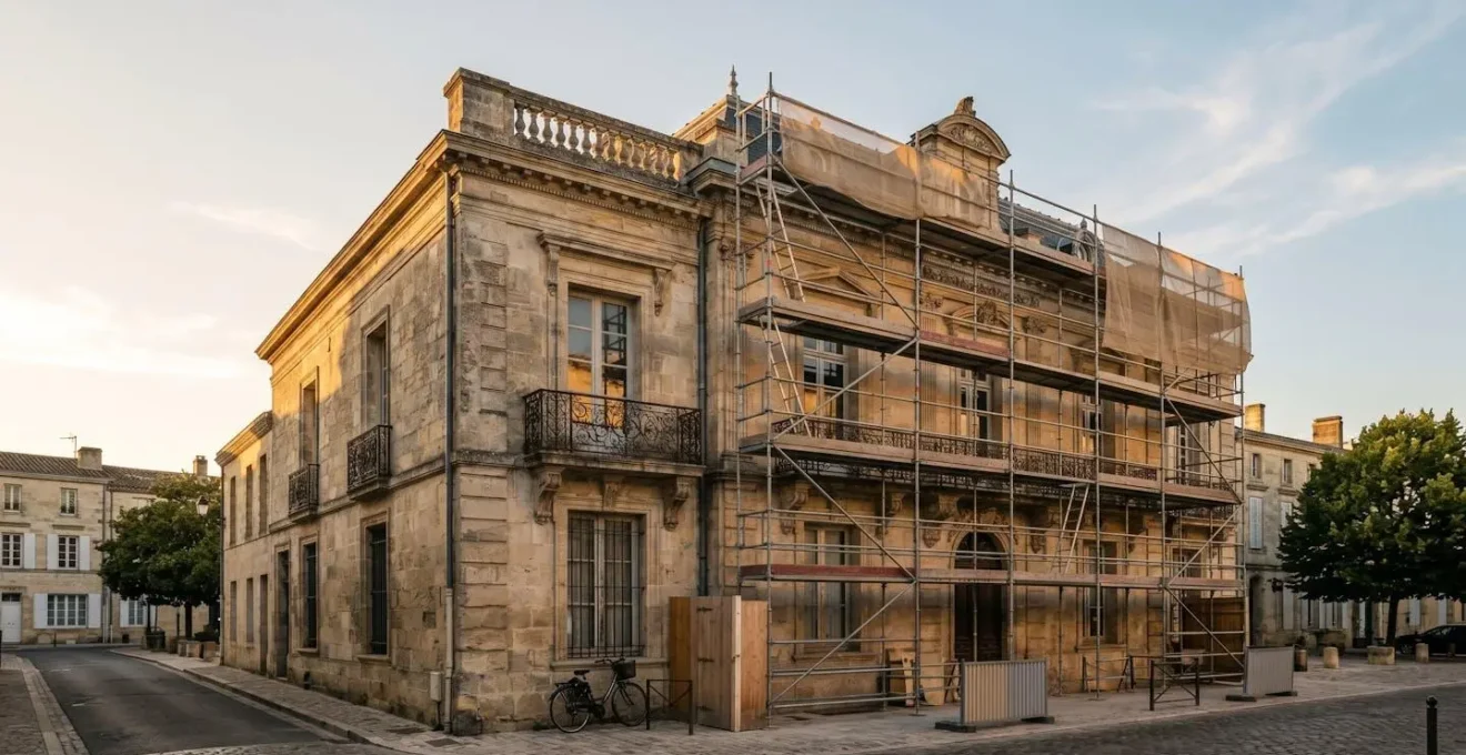 Réhabilitation d'un bâtiment patrimonial ancien avec échafaudages et travaux de restauration de façade