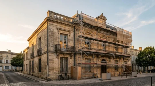 Réhabilitation d'un bâtiment patrimonial ancien avec échafaudages et travaux de restauration de façade