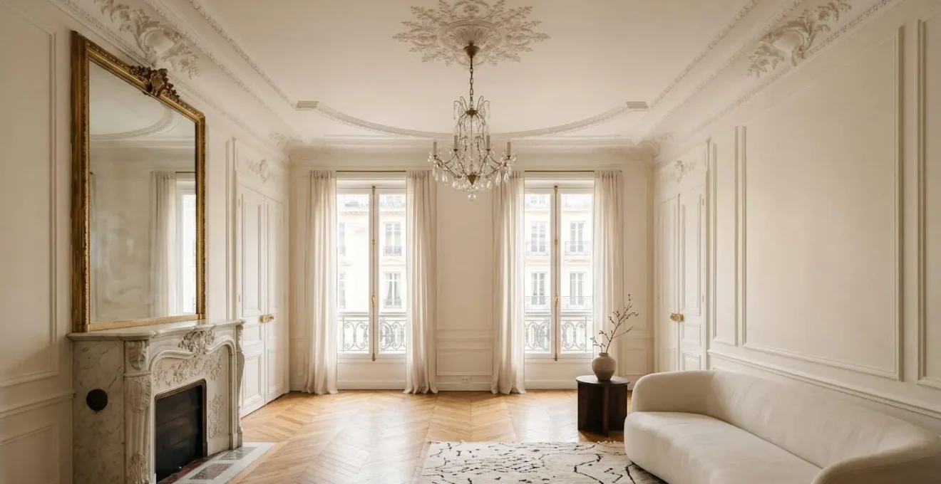 Salon haussmannien élégant mêlant moulures d'époque et aménagement contemporain avec parquet en point de Hongrie