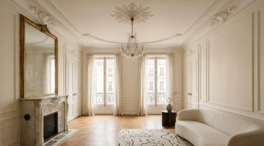 Salon haussmannien élégant mêlant moulures d'époque et aménagement contemporain avec parquet en point de Hongrie