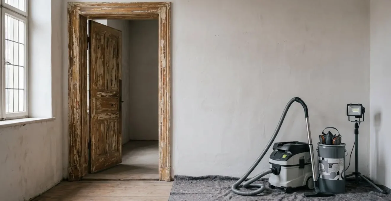 Chantier de rénovation de boiseries anciennes avec équipements de protection contre le plomb