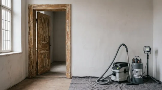 Chantier de rénovation de boiseries anciennes avec équipements de protection contre le plomb