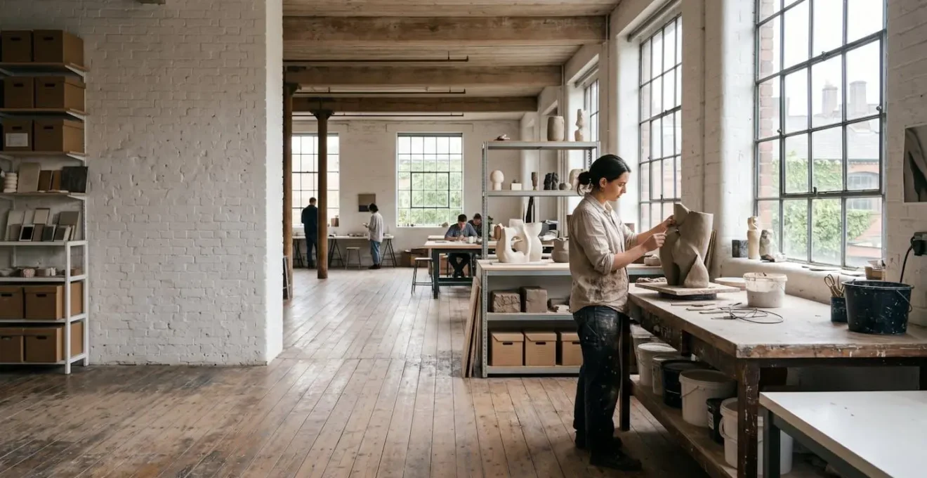 Espace de création artistique avec artiste travaillant dans un atelier de résidence