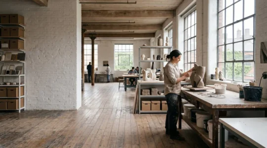 Espace de création artistique avec artiste travaillant dans un atelier de résidence