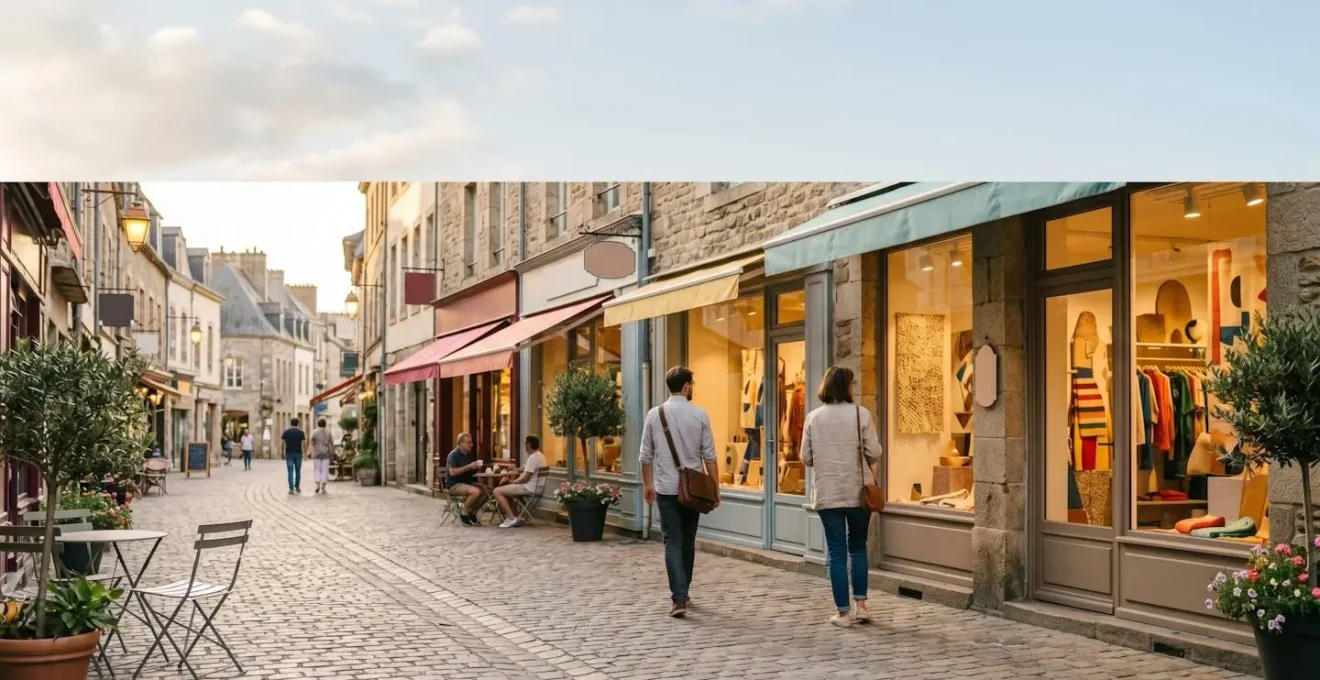 Rue commerçante animée avec devantures attractives et passants flânant devant des vitrines créatives