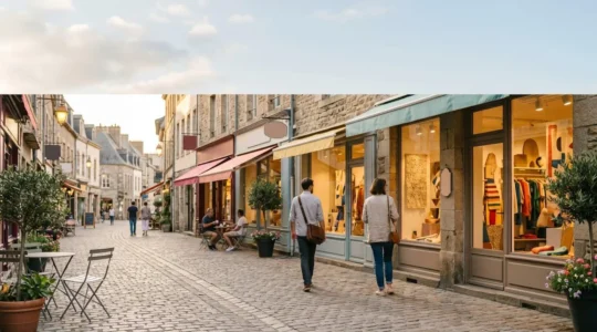 Rue commerçante animée avec devantures attractives et passants flânant devant des vitrines créatives