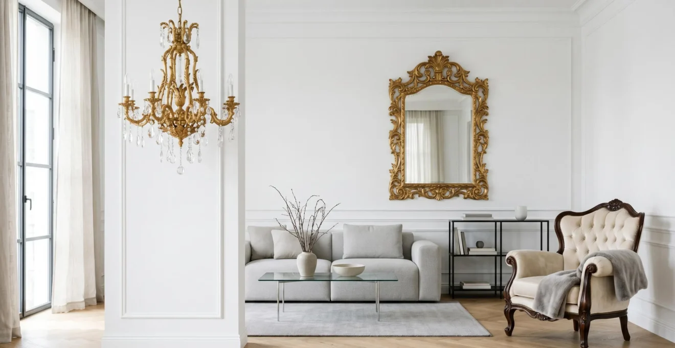 Salon moderne de 30m² avec touches baroques dosées : lustre doré, miroir sculpté et fauteuil capitonné sur fond minimaliste blanc