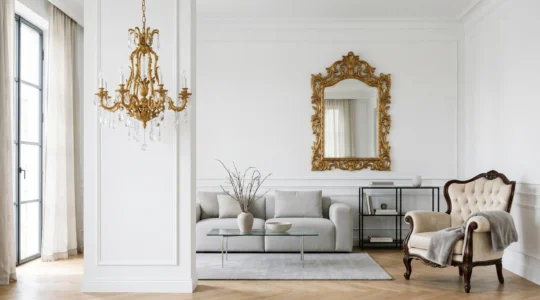 Salon moderne de 30m² avec touches baroques dosées : lustre doré, miroir sculpté et fauteuil capitonné sur fond minimaliste blanc