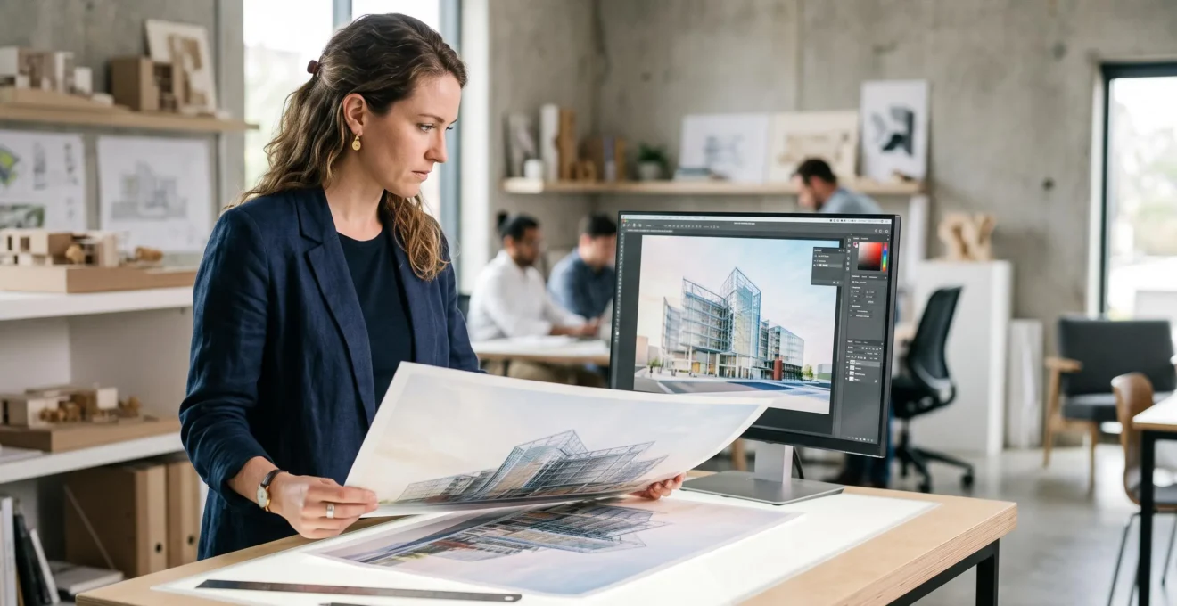 Un architecte compare la couleur d'un rendu 3D lumineux affiché à l'écran avec sa version imprimée sur papier, sous un éclairage naturel de studio.