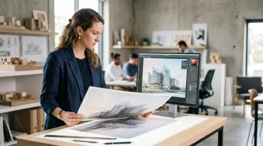 Un architecte compare la couleur d'un rendu 3D lumineux affiché à l'écran avec sa version imprimée sur papier, sous un éclairage naturel de studio.