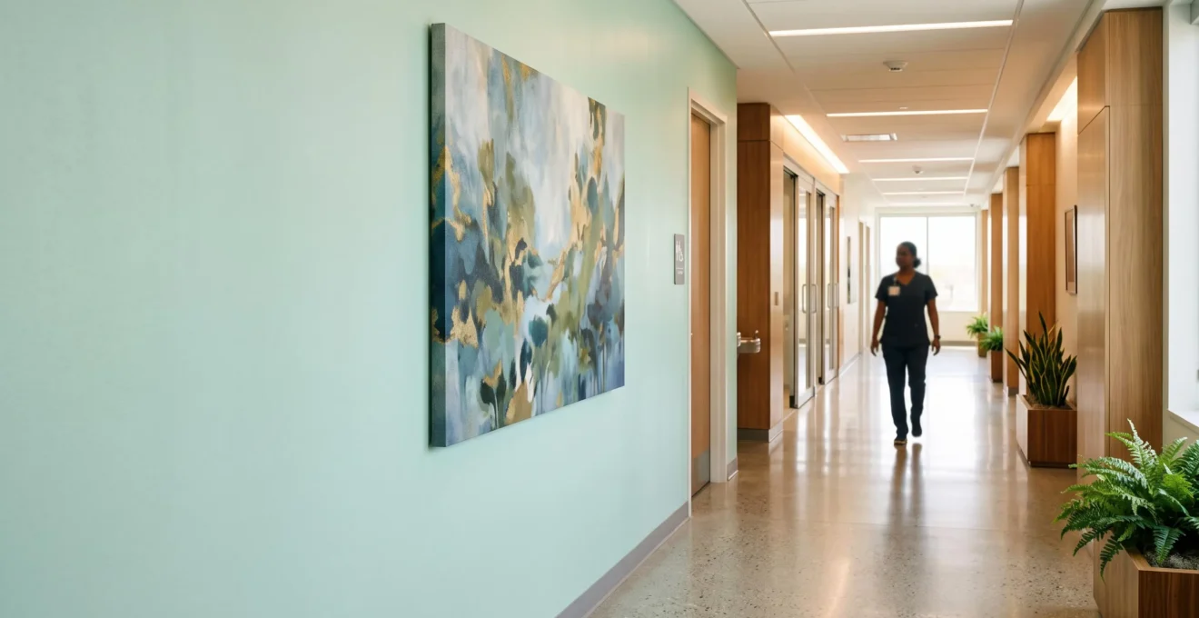 Couloir d'hôpital lumineux avec une grande œuvre picturale évoquant un paysage naturel apaisant