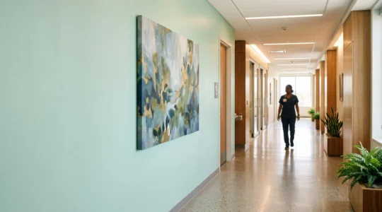 Couloir d'hôpital lumineux avec une grande œuvre picturale évoquant un paysage naturel apaisant