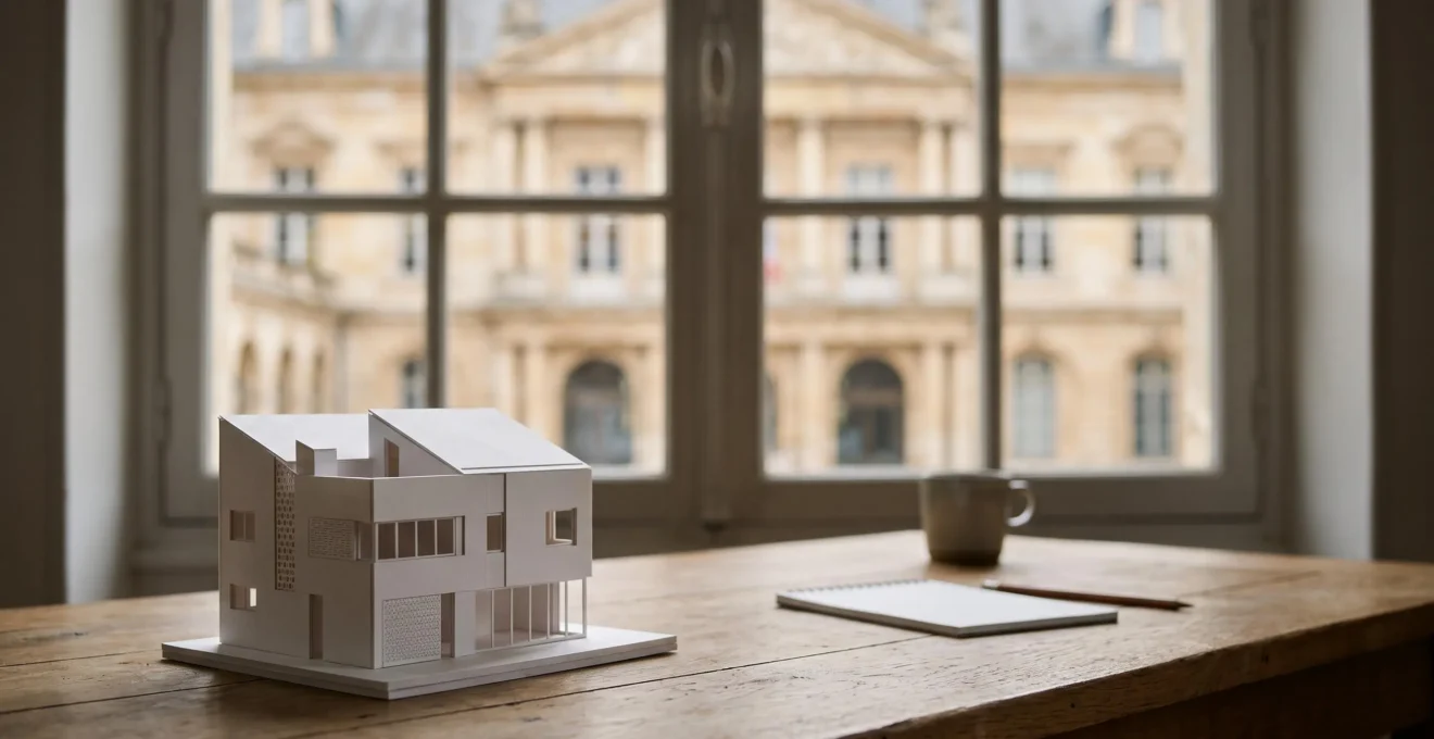 Maquette architecturale posée face à la silhouette d'une mairie, symbolisant la contestation d'un refus de permis de construire
