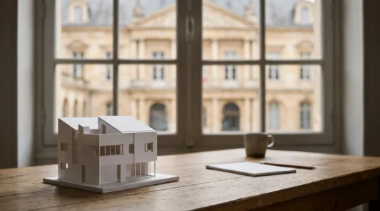 Maquette architecturale posée face à la silhouette d'une mairie, symbolisant la contestation d'un refus de permis de construire