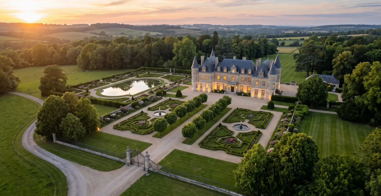 Vue aérienne panoramique d'un vaste domaine de luxe de cinq hectares au coucher du soleil, avec château, jardin à la française et allées bordées d'arbres.