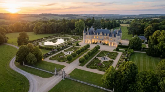 Vue aérienne panoramique d'un vaste domaine de luxe de cinq hectares au coucher du soleil, avec château, jardin à la française et allées bordées d'arbres.