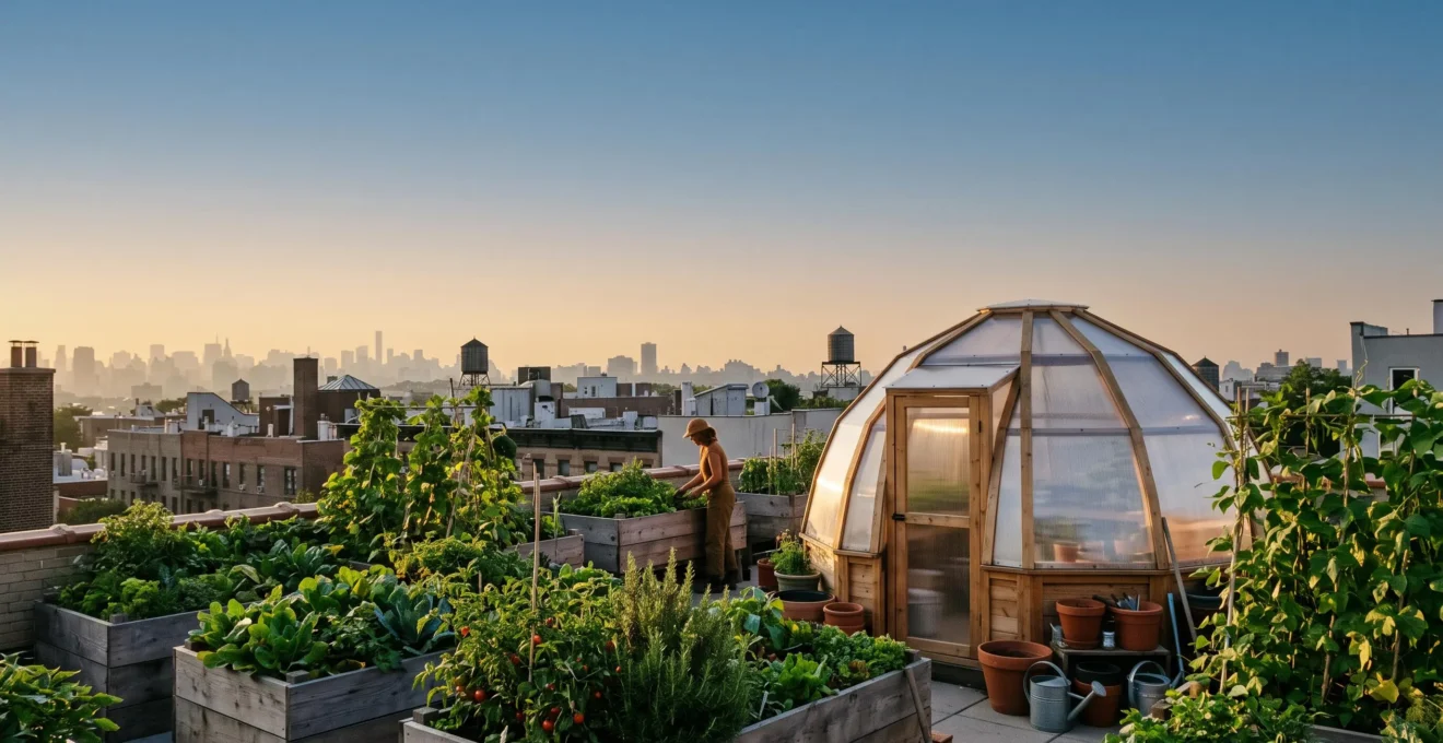 Vue d'ensemble d'un écosystème permacole aménagé sur un toit-terrasse urbain avec bacs de culture, structure de serre et végétation dense