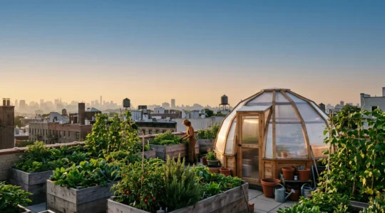 Vue d'ensemble d'un écosystème permacole aménagé sur un toit-terrasse urbain avec bacs de culture, structure de serre et végétation dense