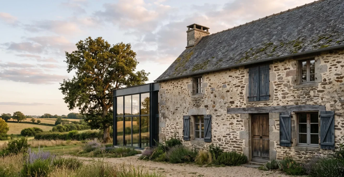 Ferme en pierre du XVIIIe siecle avec extension architecturale contemporaine au coucher du soleil