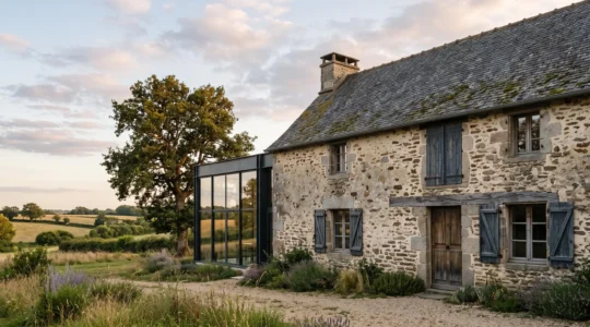 Ferme en pierre du XVIIIe siecle avec extension architecturale contemporaine au coucher du soleil