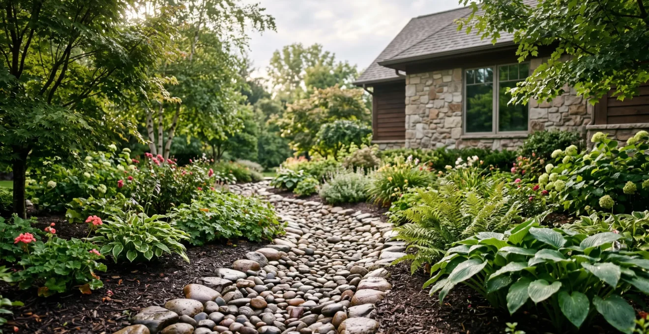 Jardin luxuriant traversé par un lit de rivière sec en galets qui évacue discrètement l'eau d'un sol argileux