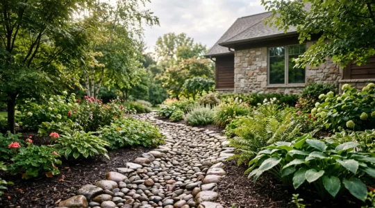 Jardin luxuriant traversé par un lit de rivière sec en galets qui évacue discrètement l'eau d'un sol argileux