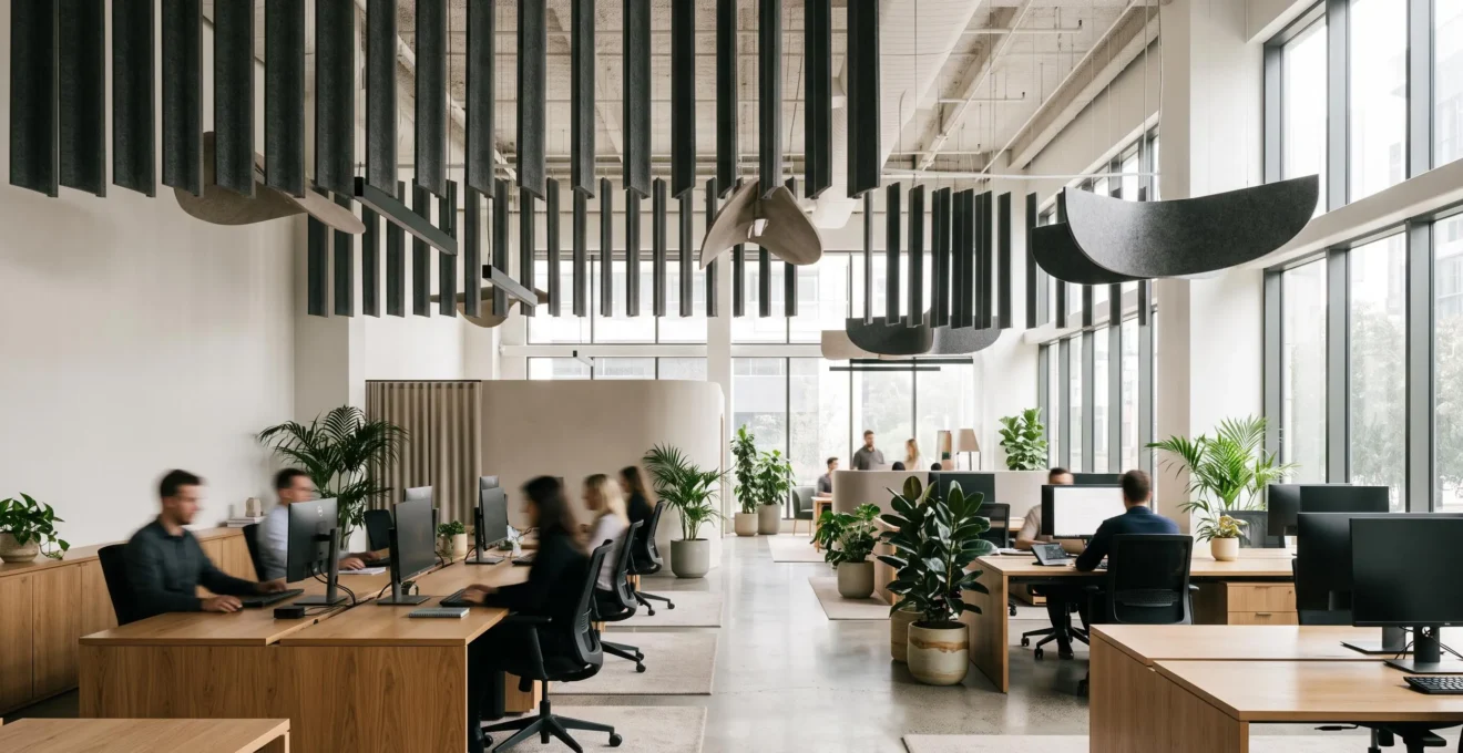 Open space moderne apaisé grâce à des baffles acoustiques suspendus au plafond, lumière naturelle douce