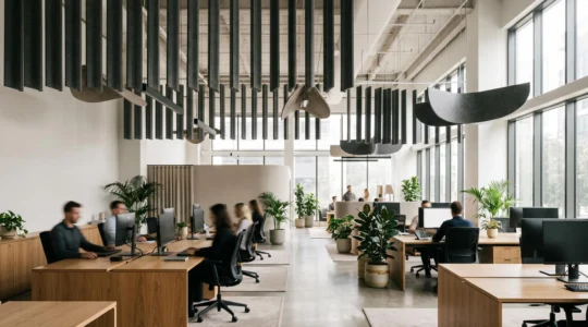 Open space moderne apaisé grâce à des baffles acoustiques suspendus au plafond, lumière naturelle douce