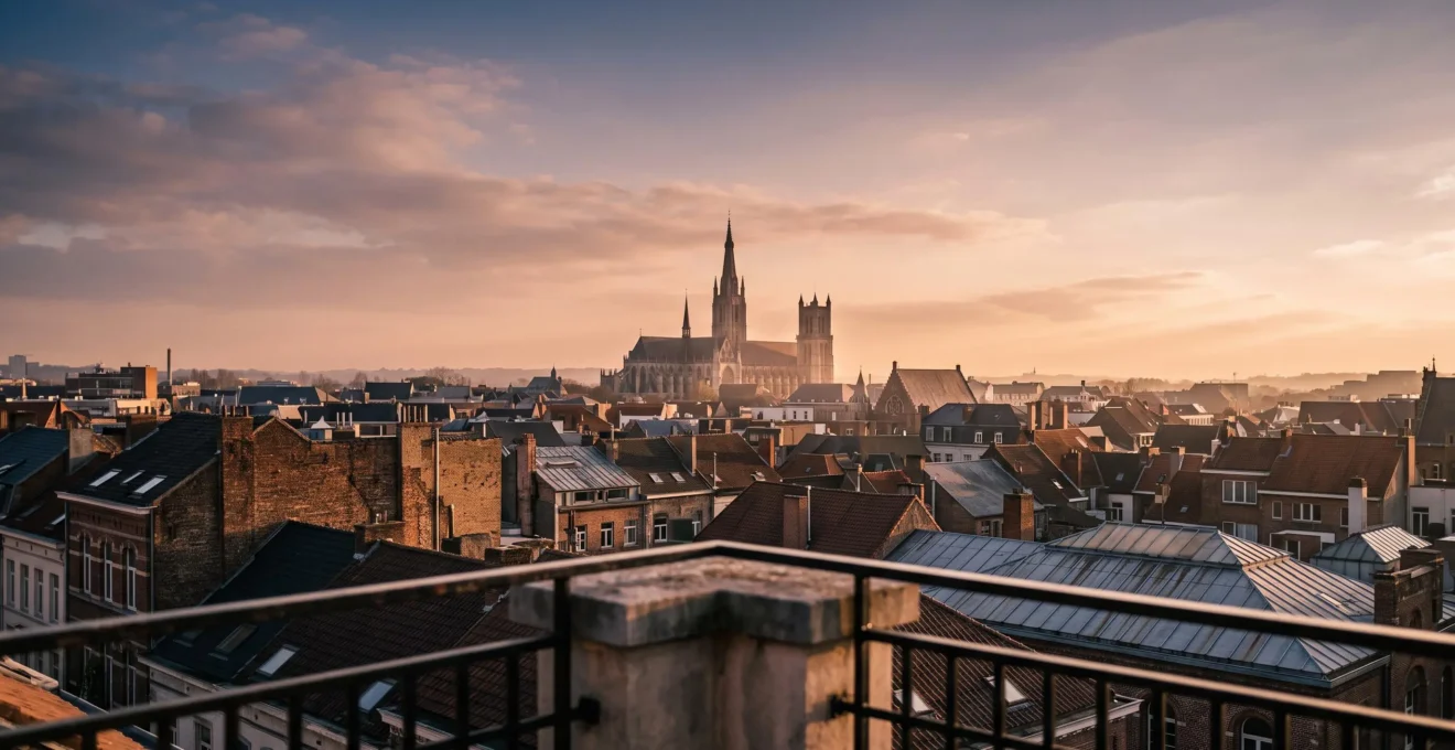 Vue en contre-jour depuis une terrasse d'appartement donnant sur les toits d'une ville historique et la silhouette d'un monument emblématique au loin
